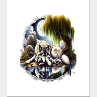 Moonlit Serenity A Slumbering Wolf Posters and Art